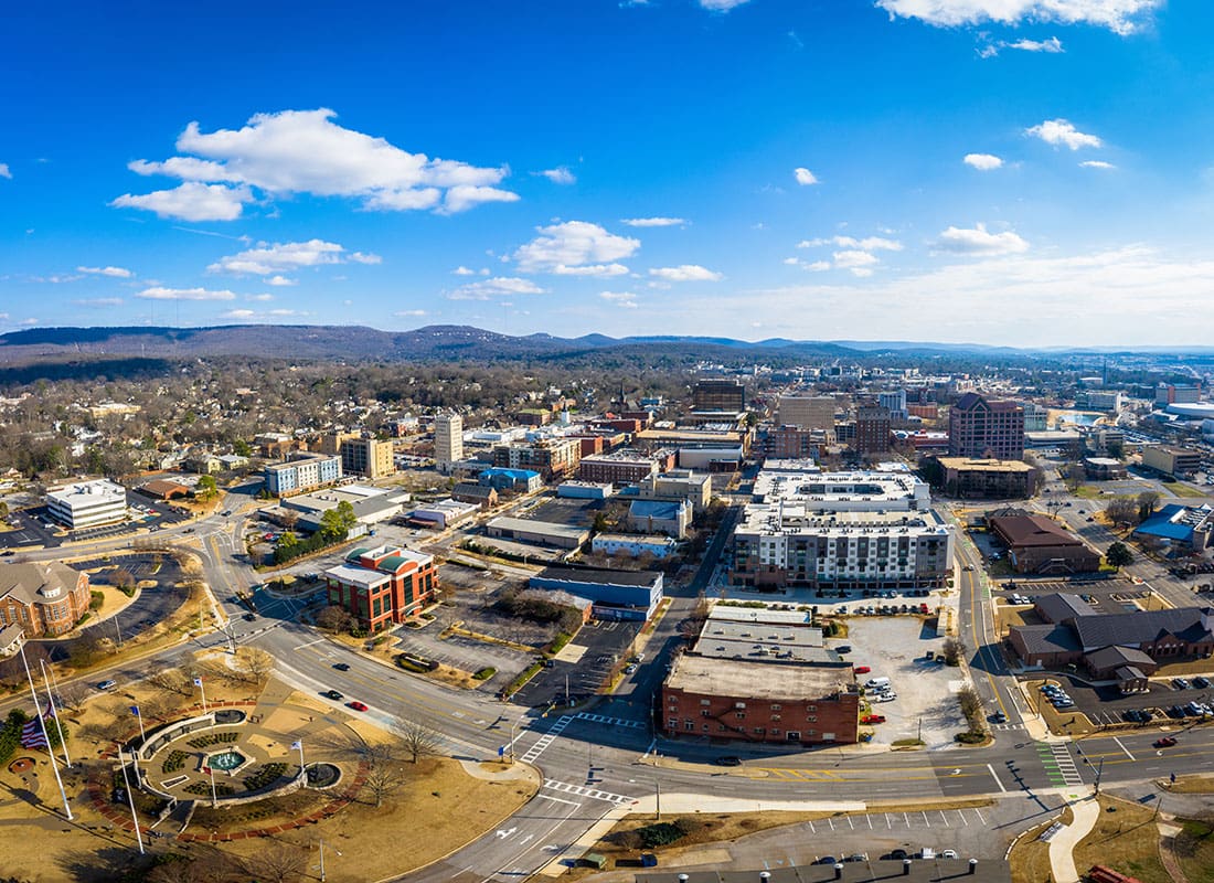 Huntsville, AL - Aerial View of Buildings in Downtown Huntsville Alabama on a Sunny Day